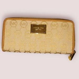 Michael Kors Continental Jacquard Gold and  Beige Wallet with Authentication